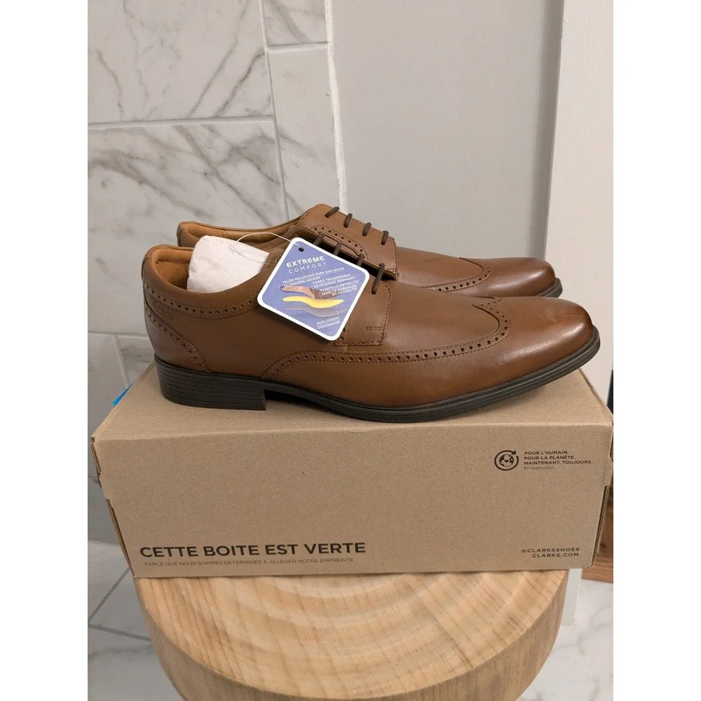 Clarks Whiddon Wing Mens Dark Tan Leather Wingtip Oxford Dress Shoes -‎ Size 14M